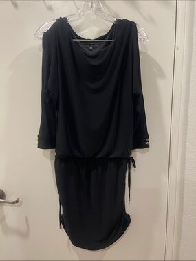 White House Black Market Black Long Sleeve Drawstring Waist Dress